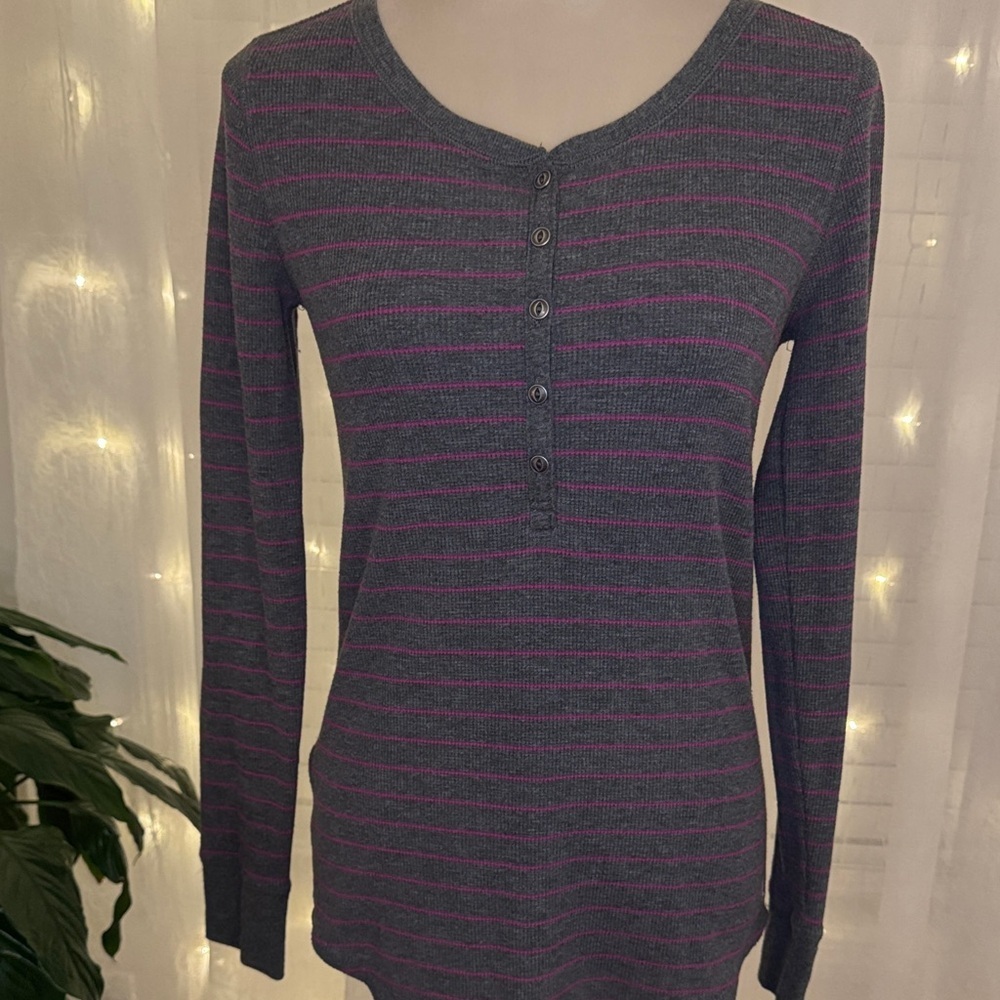 Eddie Bauer Charcoal and Magenta Striped Long Sleeve Tee